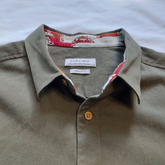 Zara Man Khaki Southwestern Pattern Button Up Long Sleeve Shirt, XL - Picture 4 of 9